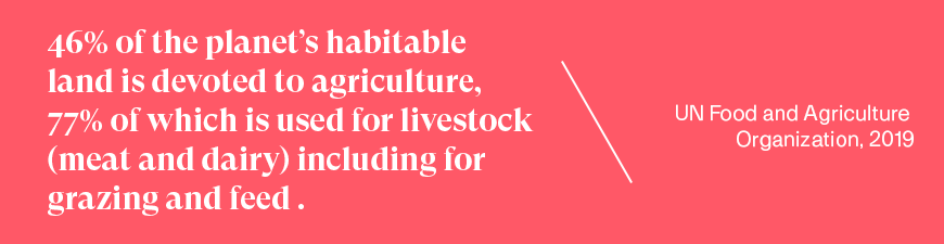 46% of the planet’s habitable land is devoted to agriculture, 77% of which is used for livestock (meat and dairy) including for grazing and feed   - UN Food and Agriculture Organization, 2019