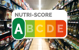 Nutri-score rating logo over supermarket aisle