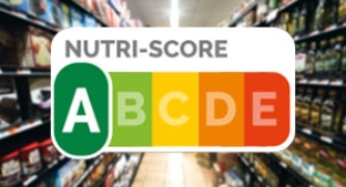 Nutri-score rating logo over supermarket aisle