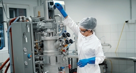 Woman in lab coat, gloves and hairnet operating lab machinery